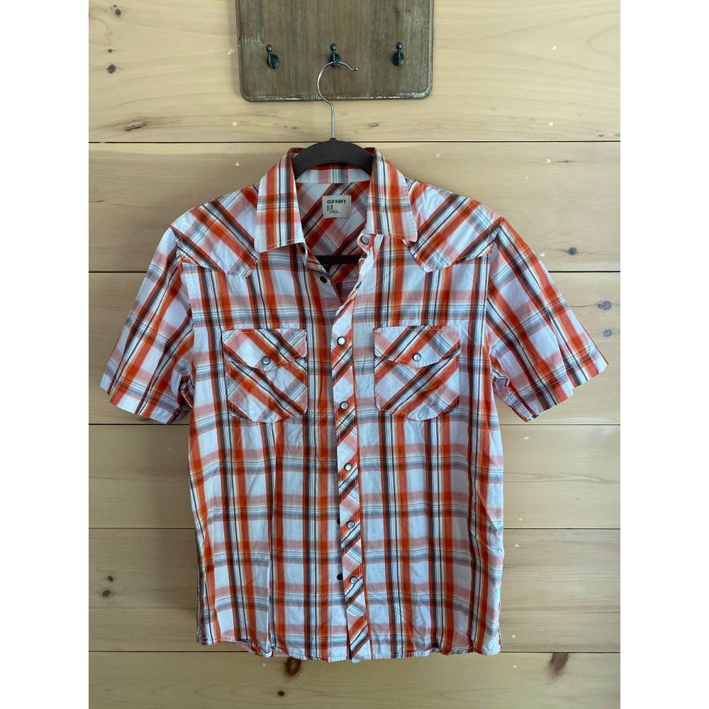 Old Navy Button Up Short Sleeve Orange/White Plaid